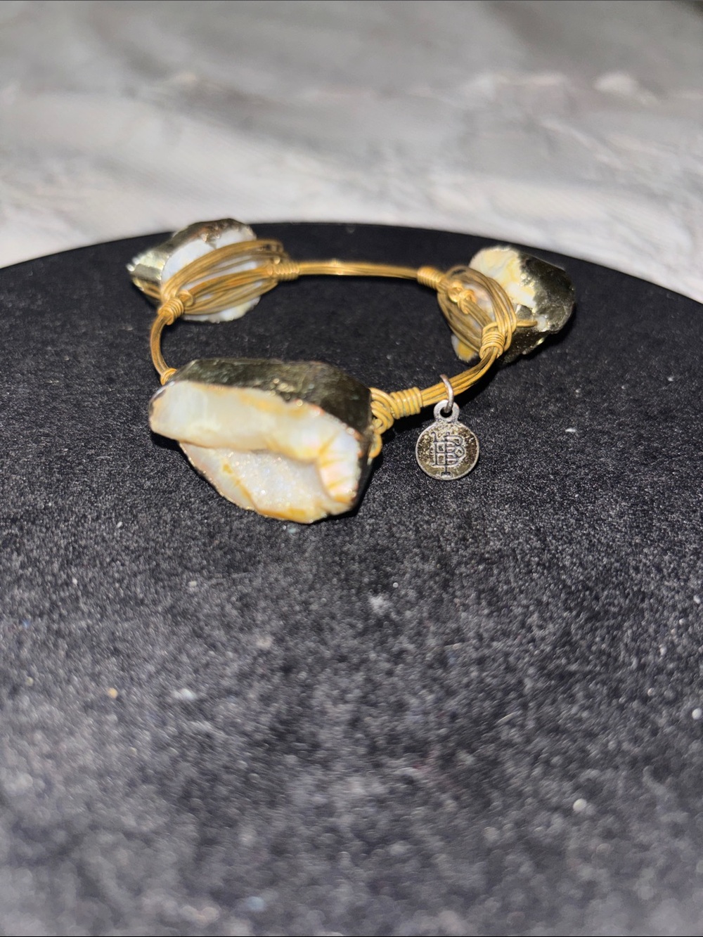 Gold-Tone Wire Druzy Stone Bangle Bracelet - White Druzy